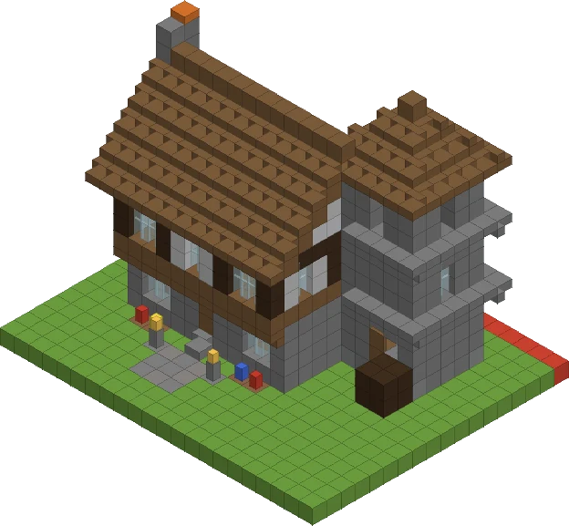Harbour Inn: a stone and timber inn with a steep spruce roof and a square tower.