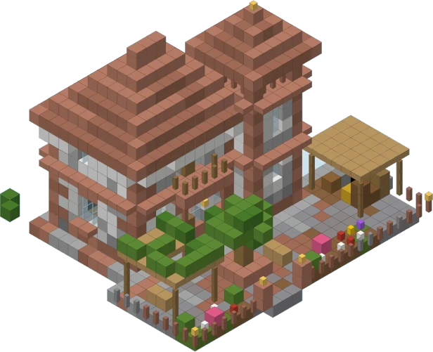 Villa Rosa: a two-storey terracotta villa with a tower, a pergola, flower beds and a fenced garden.